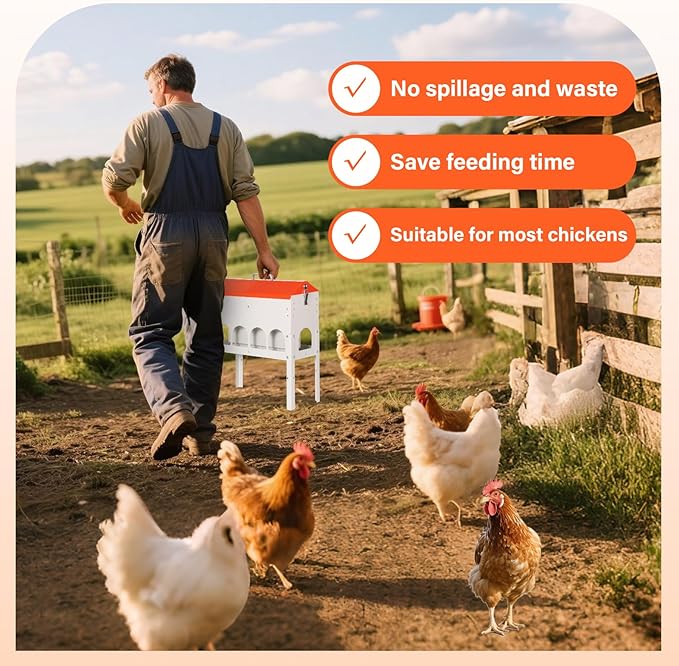 15lbs Automatic Chicken Feeder - 10 Feeding Ports, No Waste Poultry Feeder Large Feeding Though Dispenser for Chickens Duck Turkey Pheasant Chicken Coop