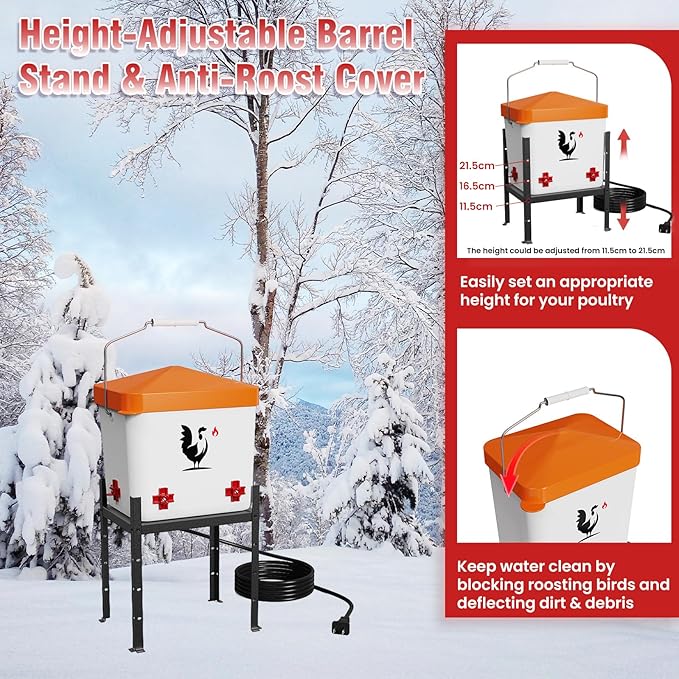 Heated Chicken Waterer, 1.8 Gallons Chickens Poultry Waterer with Nipples, Height Adjustable & Detachable Stand, All-Season Chicken Coop Waterers, Chicken Water Heater (7L, Orange Cover)
