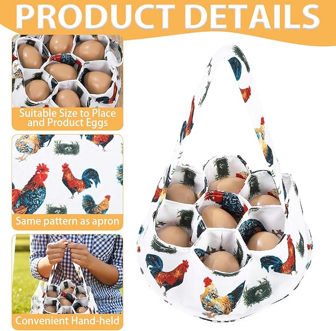 Egg Collecting Apron and Basket, 12 Pouches Chicken Egg Apron, 7 Pouches Chicken Eggs Basket, Collector Chicken Eggs