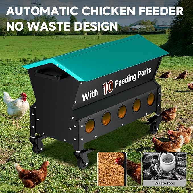 Heavy Duty Chicken Feeder 120 lbs Large Capacity, Metal Automatic Poultry Feeding Box with Waterproof Lid, Raised Standing Feeder with Wheels for Hens & Roosters, Portable & Easy to Move