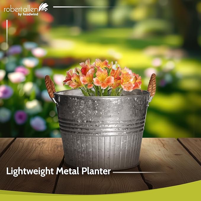 Headwind Decorative Planter - Round Galvanized Bucket w/Rope Handles – 12 Inch Metal Tub Bucket Planter for Outdoor Plants w/Drainage Hole – Galvanized Large Outdoor Planters Buckets by Robert Allen