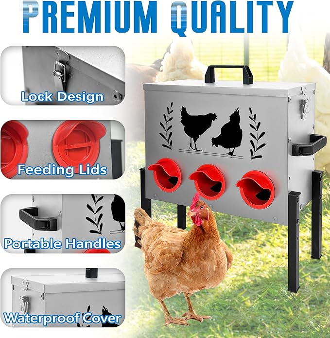 Chicken Feeders, 30 lb Capacity 6 Port Automatic Chicken Feeder, Metal Chick Feeder with Locking Lid and Legs, Chicken Feeder for Chickens, Ducks, Geese，Silver
