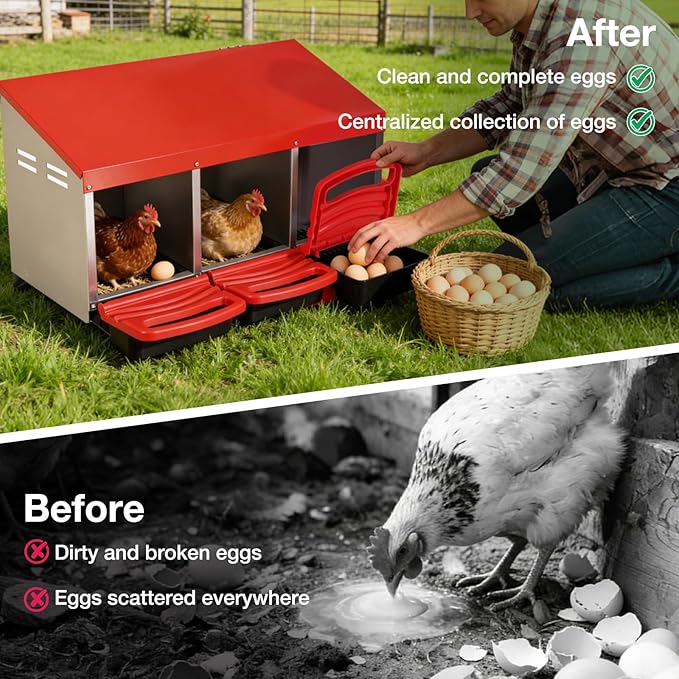 Chicken Nesting Boxes, 3 Compartments Egg Collection with Removable Drawer, Chicken Metal Laying Nest Box for Hens, Easy to Assemble, for Chicken Coop, Red