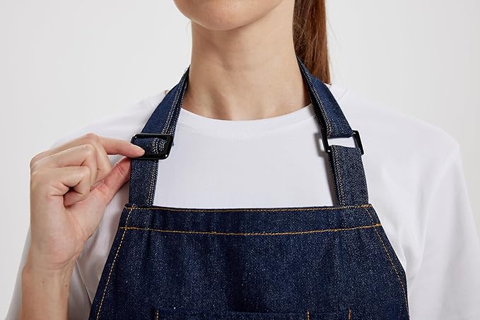Chef Apron for Men Women with Large Pockets, Adjustable Denim Apron for Cooking, Baking, Gardening