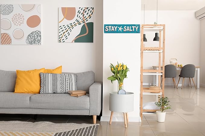 AWISZZZ Stay Salty Metal Tin Signs Summer Beach Decorations for Home Starfish Decor Beach Theme House Room Bedroom Bathroom Decor Sign for Classroom 4x16 In
