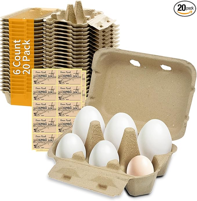 Jumbo Duck Egg Cartons 20 Pack- Holds Up to Half Dozen 6 Count Eggs Bulk Blank Container Empty Cardboard Thickness Natural Pulp Egg Boxes, with Stickers
