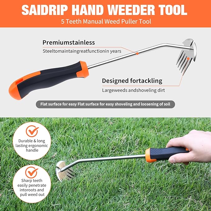 Weed Puller Tool, Portable Garden Weeder Tool, 2026 New Model Rubber Non-Slip Handle Stainless Steel 5-Teeth Weeding Tool, Garden Tools for Vegetable Gardening Backyard Farm Planting & Weeding Tool