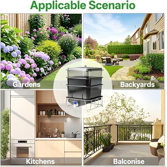 3-Tray 15L Worm Farm Composting Bin with Tool Set - Efficient Indoor/Outdoor Composter for Organic Waste Recycling, Beginner-Friendly Kit for Healthier Plants (Black)