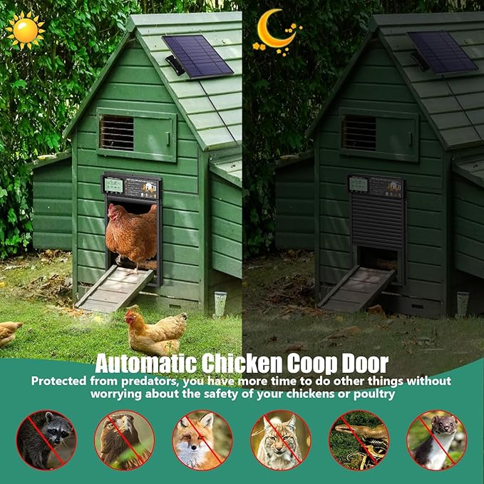 Automatic Chicken Coop Door Opener, Space-Saving Roll-up Design, 11.8" x 18.9" Aluminum Alloy Poultry Door for Ducks Geese, Solar Panel with Built-in 6000mAh Battery, Support USB-A Power