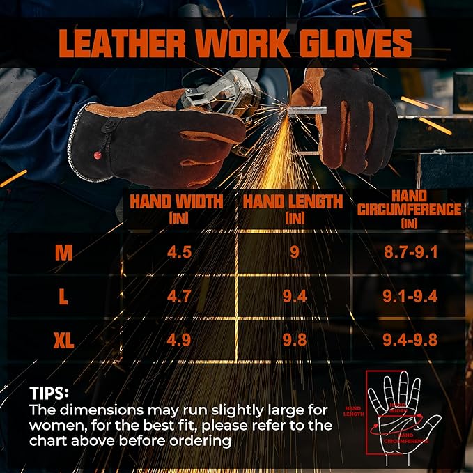 HANDLANDY Leather Work Gloves for Men and Women, Utility Tough Cowhide Glove