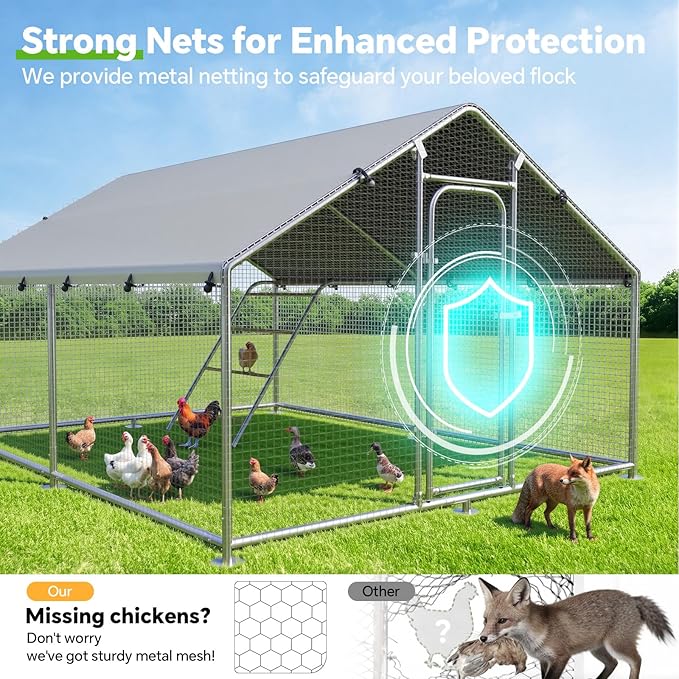Large Metal Chicken Coop Run with Roosting Perch, Outdoor Poultry Cage with Heavy Duty Wire Mesh and UV-Resistant Cover for Chickens Use, Spire Roof (8.9'W x11.8'L x 6.6'H)