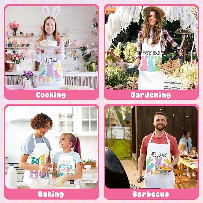 Easter Aprons Set of 4, Colorful Bunny & Easter Eggs Design - Kitchen Aprons for Adults & Kids, Easter Decorations for Home Indoor, Egg Collecting Apron, Bunny Gift & Festive Table Decor