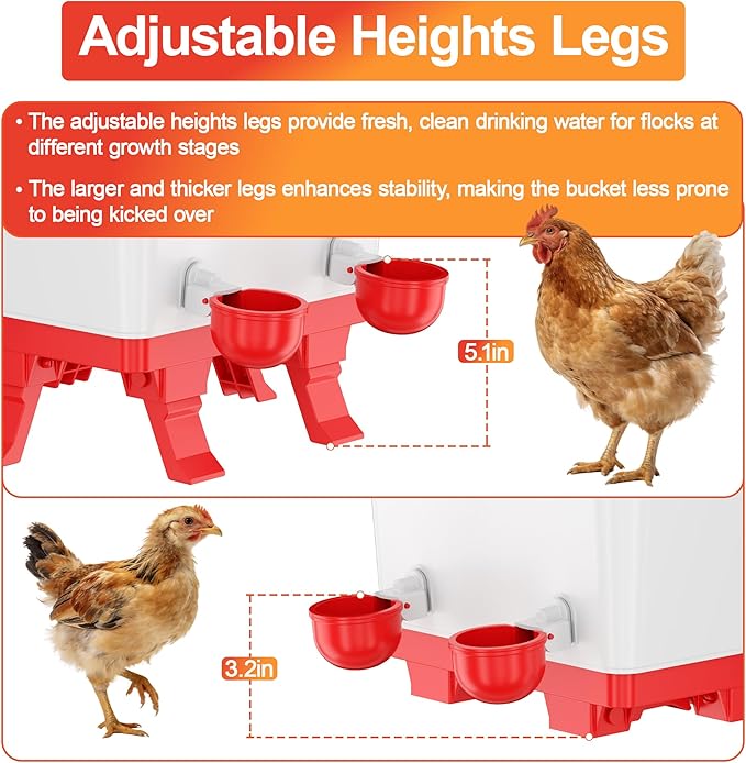 5.0 Gallons Chicken Waterer Bucket with 4 Waterer Cups, Adjustable Heights and Anti Roost Cone
