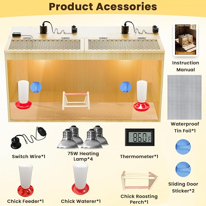Brooder Box for Chicks, 32 Inch Wooden Large Chicken Brooder Box with 75W Heating Lamps, Thermometer, Chicken Feeder & Waterer Set, Tin Foil, Poultry Breeding Kit, for 12-15 Chicks Ducks Quail