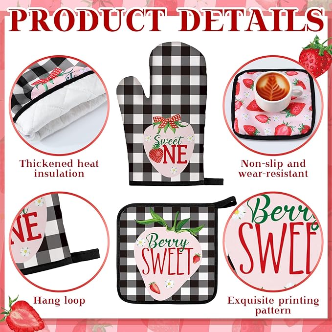 10 Pcs Strawberry Farmhouse Kitchen Decor Set Dish Towels Kitchen Rugs Oven Mitts and Pot Holders Set for Cooking Baking Grilling Women Mom Daughter Gift (Mixed Color)