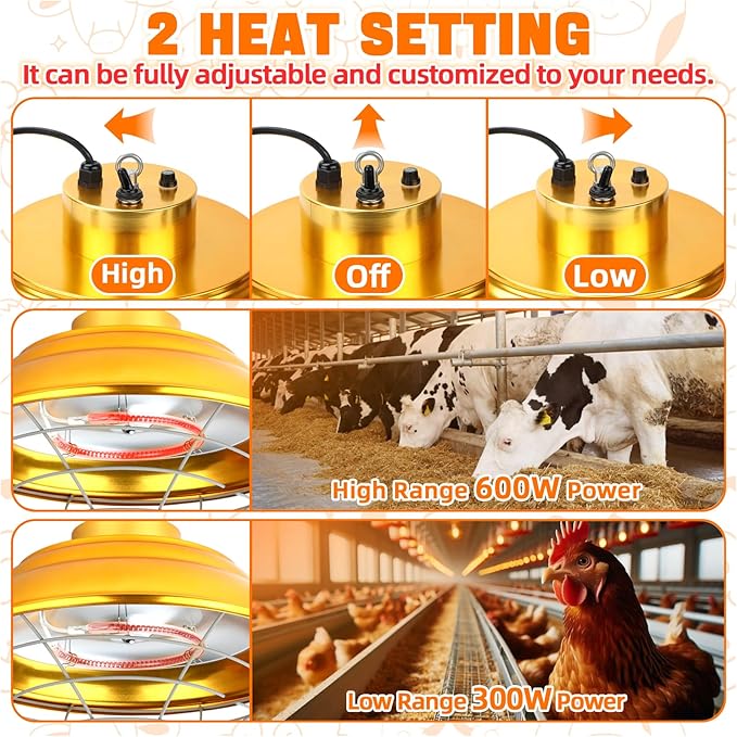 FHTONGE Waterproof Explosionproof Chicken Coop Heater Lamp, 300W/600W Adjustable Hanging Aluminum Livestock Heat Lamp, Halogen Heated Light for Reptile Poultry Brooder Outdoor Rabbit Dog Whelping Box