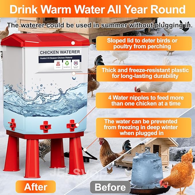 Heated Chicken Waterer, 7L Chicken Water Heater Bucket for Winter with 4 Nipple Drinkers, Anti-Freezing, Winter and Summer Dual-use, Automatic Heated Poultry Drinker for Coop (Red)