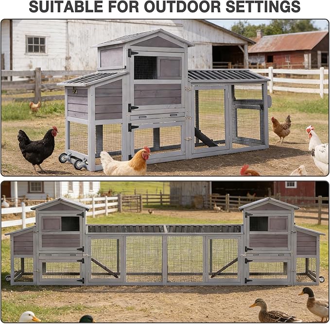 80" Large Chicken Coop on Wheels, with Run, Outdoor Wooden Hen House with Nesting Box, Leakproof Pull-Out Tray & Waterproof Roof, for 4–6 Chickens