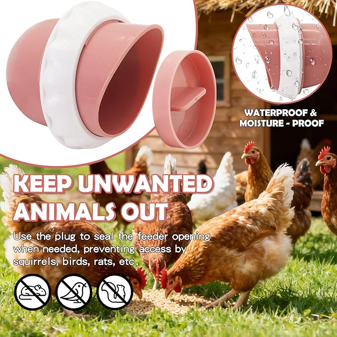 Chicken Feeders No Waste, DIY Automatic Poultry Feeder 8 Ports 1 Hole Saw with Covers Gravity Feed Kit for Buckets Barrels Bins Troughs (Pink and White)