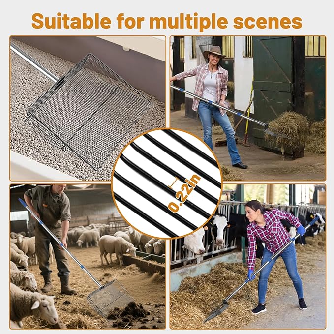15 Inch Large Chicken Poop Scooper,4 in 1 Adjustable Chicken Coop Scoop, (25 to 71 inch) Adjustable Stainless Steel Handle Chicken coop Rake and Pair of Non-Slip Gloves, Chicken Coop Accessories