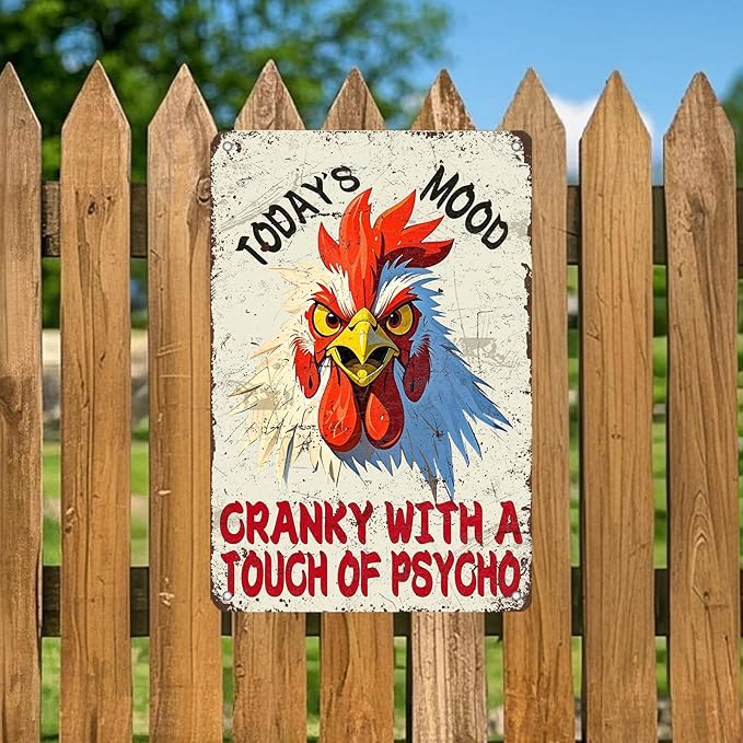 Funny Chicken Signs Today's Mood Metal Tin Sign 12x8 Inch Farm Rooster Wall Decor Chicken Coop Accessories Home Kitchen Garden Country Farm Backyard