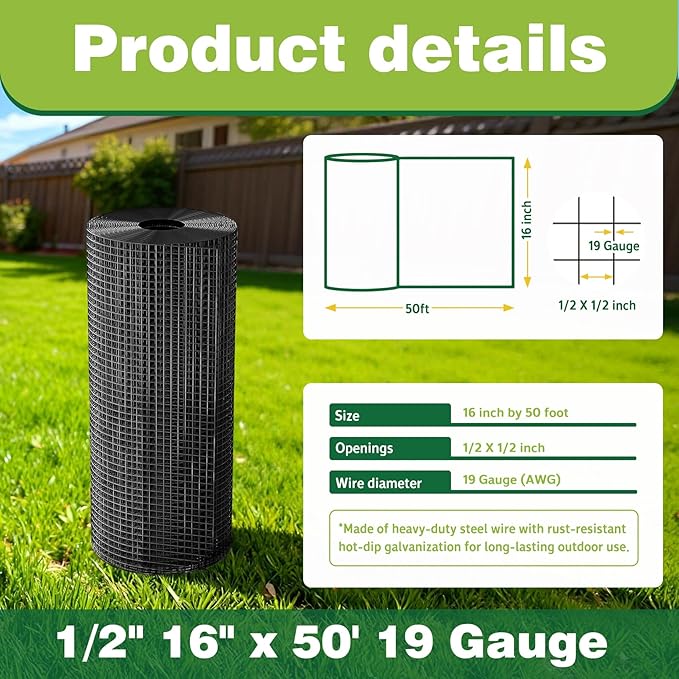 16" x 50' Black Hardware Cloth - 1/2inch 19 Gauge Chicken Wire Hot Dipped Galvanized Mesh Roll for Chicken Coop, Poultry Cage, Garden & Animal Fencing
