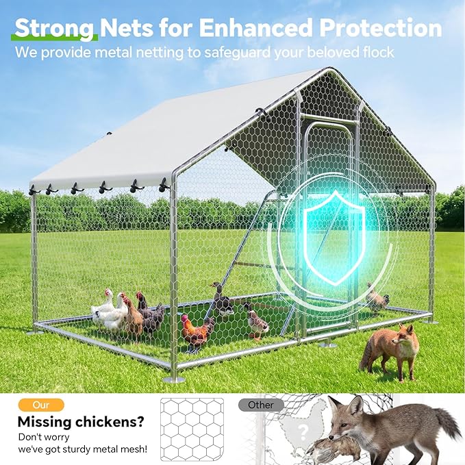 Large Metal Chicken Coop with Roosting Perch, UV-Resistant and Waterproof Cover, Chicken Run Outdoor Walk-in Cage Rabbit Duck Hen House for Yard Farm Use Spire Roof (10’ W x 4.9’ L x 6.4’ H)