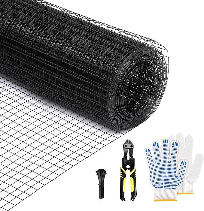 Black Hardware Cloth 48in x 50ft – 19 Gauge Vinyl Coated Steel Wire Mesh Roll, 1" Square Welded Fence for Chicken Coop, Garden Barrier, Animal Control, Outdoor Pet Enclosure, Rodent Proofing