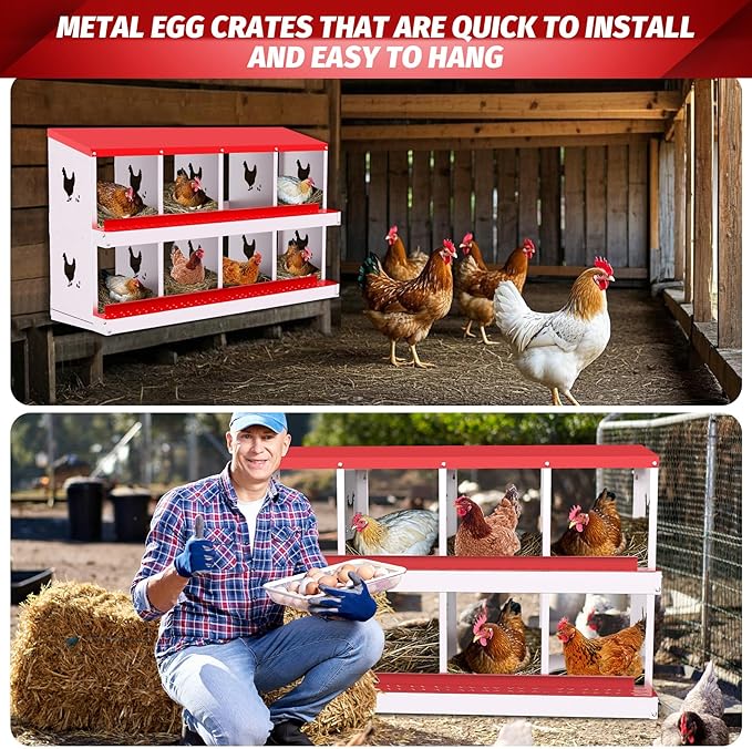 Chicken Nesting Boxes for Hens - 6&8&10 Compartments Roll Away Chicken Laying Boxes with Sturdy Metal Legs & Protective Lid Cover, Durable Galvanized Steel Construction, Easy Clean Design