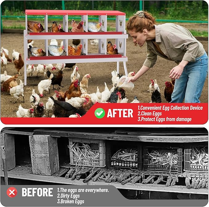 Chicken Nesting Box, Red 10 Hole Egg Laying Box with Bracket, Suitable for Chickens & Ducks, Large Holes for Ventilation, Convenient for Picking up Eggs, Fully Galvanized