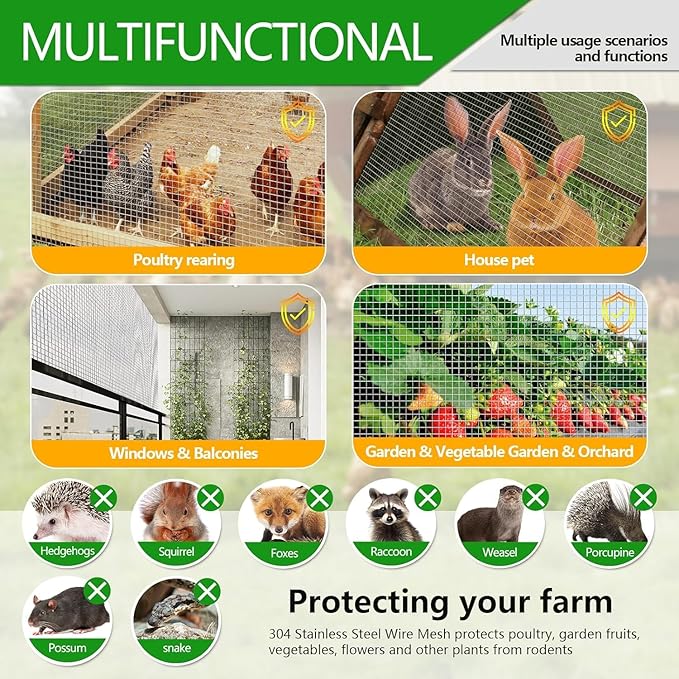 AMAGABELI GARDEN & HOME 36inchx50ft SS304 Stainless Steel Hardware Cloth 1/2 inch 18 Gauge Chicken Wire Fencing Welded Wire Mesh Fence Roll Poultry Netting Bird Cage Coop Rodent Proof Gopher Rabbit