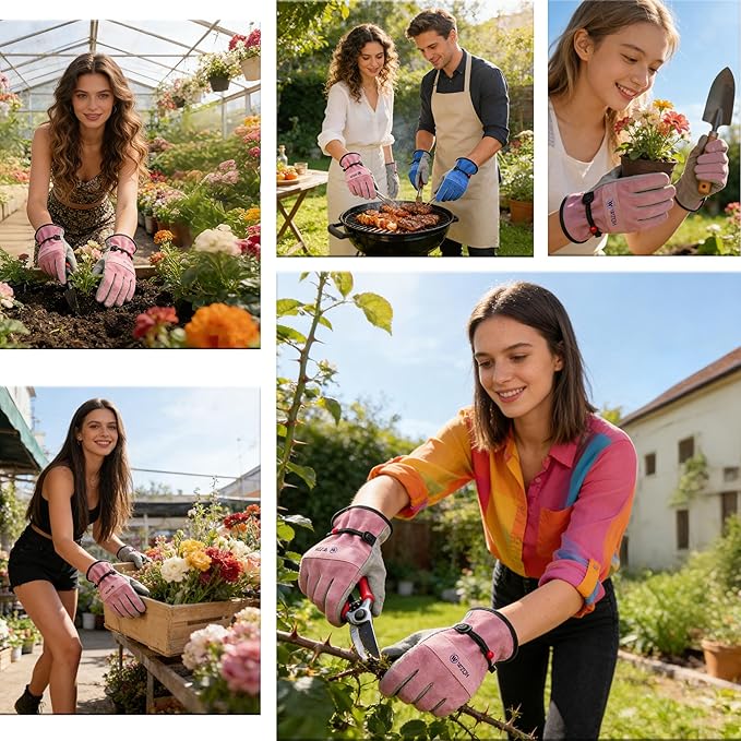 Leather Work Gloves for Men or Women. Large Glove for Gardening, Tig/Mig Welding, Construction, Chainsaw, Farm, Ranch, etc. Cowhide, Cotton Lined, Utility, Firm Grip, Durable. Pink-Grey L