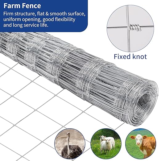 Livestock Fence, 4ft X 164ft Galvanized Wire Field Wire Fencing, Cattle Fence, Deer Fence, Heavy Zinc Coating Farm Fence Used to Hog Goat Fencing for Yard and Field Hog Horse