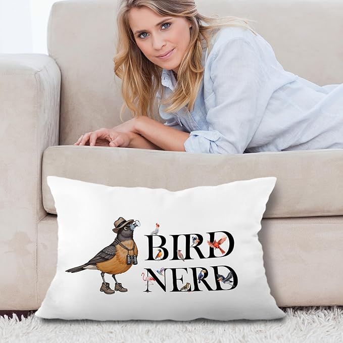 Funny Bird Nerd Pillow Covers 12x20, Gifts for Bird Lovers Watchers, Birds Watching Gifts Lumbar Throw Pillow Covers for Home Bedroom Living Room