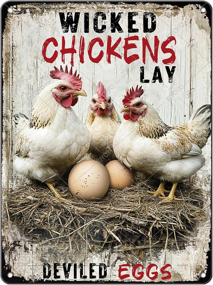 Metal Art for Outside Chickens Lay Deviled Eggs Metal Signs Vintage Room Decor Aesthetic Wall Art 16x12 Inch