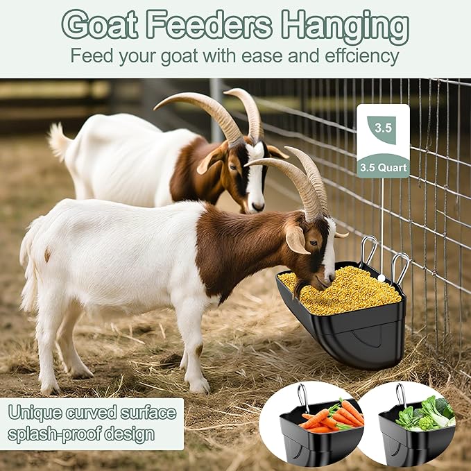 Goat Feeders Hanging, Chicken Waterer Feeder Trough for Poultry Livestock (3 * 3.5 Quart Black)