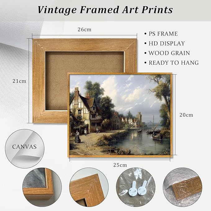 Framed Wall Art Vintage River Canvas Nature Landscape Poster Countryside Lake Picture Vintage Lake Painting Antique Nature Prints Rustic Scenery Wall Art Tranquil River Picture 8x10inch for Bedroom