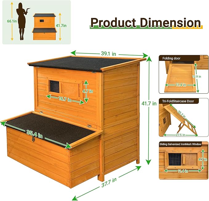 Chicken Coop, 2-Story Large Wooden Hen House for 6-8 Chickens with 3-Nesting Boxes & 2-Easy Clean Pull-Out Tray, 2-Secure Vents, Foldable Ramp & Waterproof Flip-Up Roof, Orange