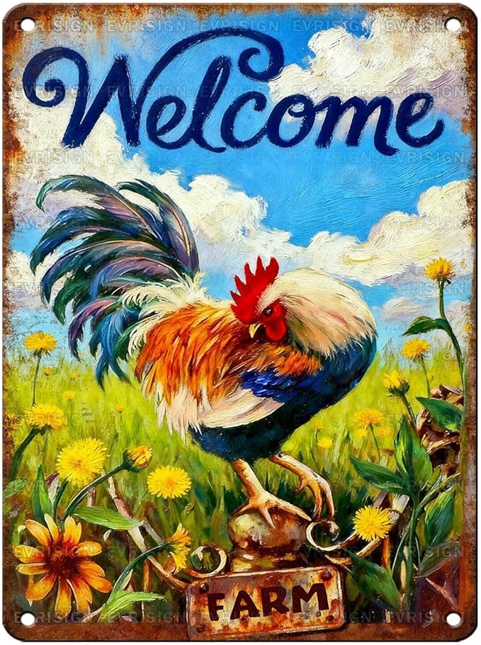 Vintage Chicken Tin Sign Welcome Retro Coop Metal Sign Funny Chicken Lovers Nostalgic Rustic Wall Decor For Home Farmhouse Poultry House Farm Outdoor Yard Bedroom 16 * 12In