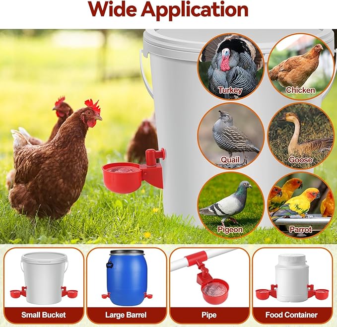 Kalolary Automatic Chicken Waterer Cups, 12 Packs Tee Fittings Poultry Drinking Cups for Chick, Bunny, Goose,Duck,Turkey,Professional Poultry Water Container Come with Hole Open Drill Bit (Red)