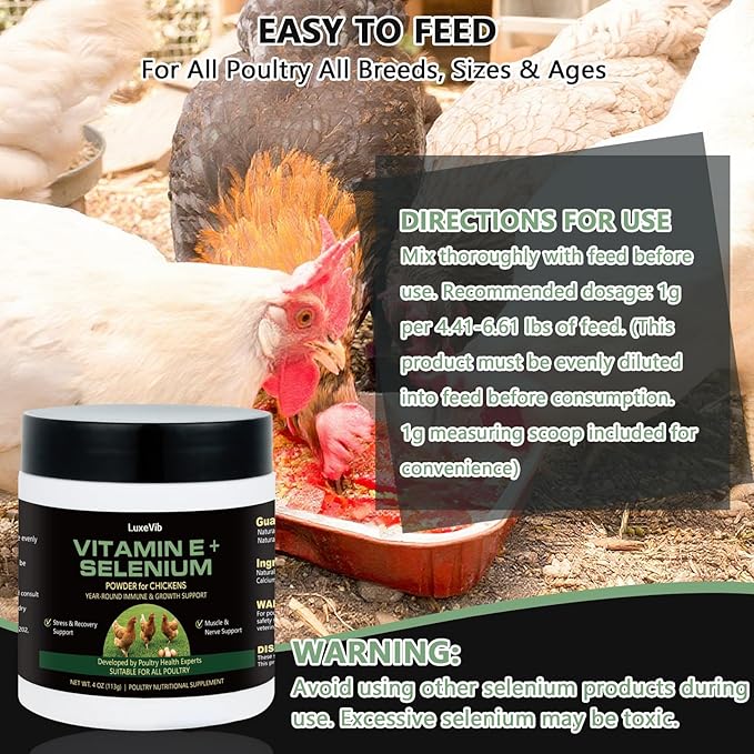 Selenium & Vitamin E Powder for Chickens, Selenium for Chickens, Immune System, Muscle Support & Prevents, Improve Wry Neck, Selenium, Vitamin E Supplements, Suitable for All Poultry