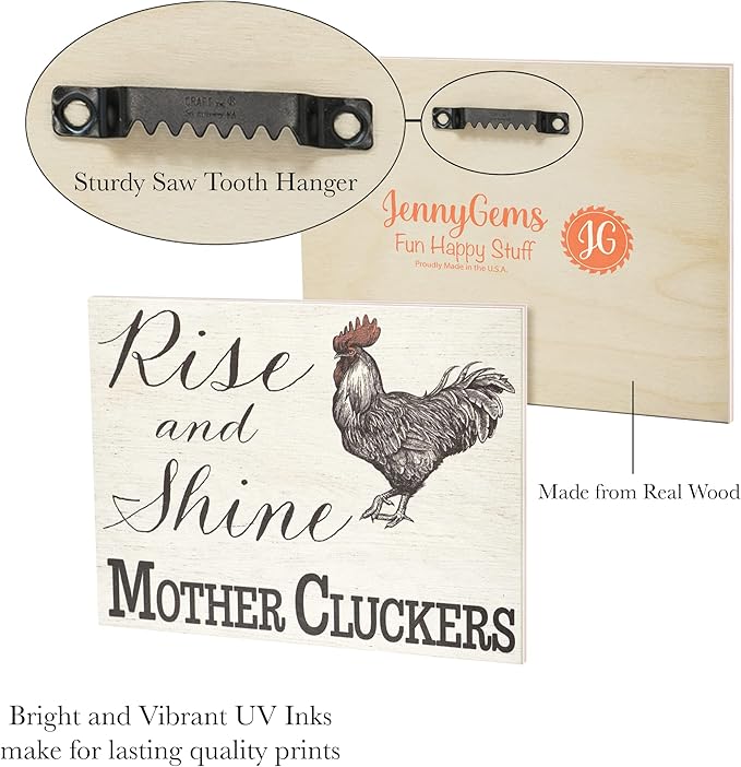 JennyGems Rise and Shine Mother Cluckers Wood Sign - Funny Farmhouse Chicken Decor, Made in USA