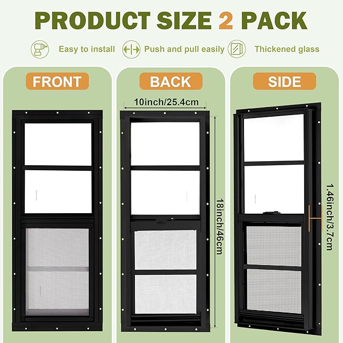 2 Pack Shed Windows, 10"x 18" Black Sliding Window Suitable for Chicken Coop, shed, Household, Barn - Transom Window with Tempered Glass and Fiberglass Screen (BK,10''x 18'')