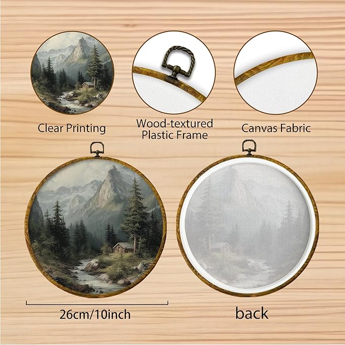 Hiuwevt Rustic Mountain Landscape Round Wall Art Decor, Vintage Forest Mountain Framed Canvas Prints, Nature Farmhouse Round Wall Hanging Decor for Home Bedroom Living Room Decorations, 10x10 Inches