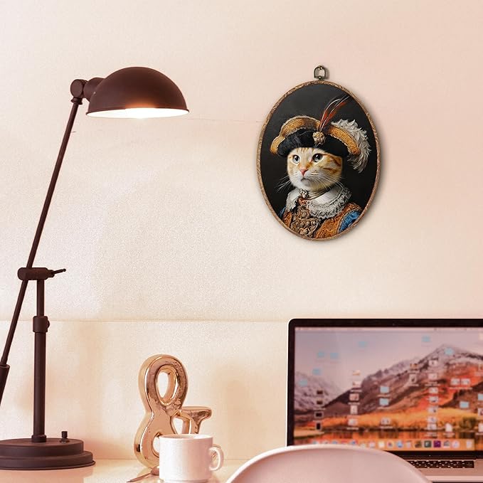 Hxlac Victorian Cat Oval Wall Art Framed, Vintage Cat Oval Wall Decor, Cottagecore Farm Animal Hanging Canvas Prints Wall Sculptures for Home Living Room Bedroom Decor, 8.5x11.5 Inch