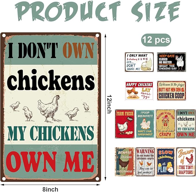 Tandefio 12 Pack Chicken Coop Signs 8 x 12 Inch Funny Metal Coop Signs Outdoor Decor Vintage Personalized Farm Yard Accessories for Home Kitchen Decor Chicken Lovers Gifts
