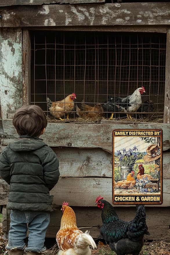 Chicken Vintage Tin Sign Easily Distracted By Chicken & Garden Metal Sign For Garden Home Decor 16x12 Inch