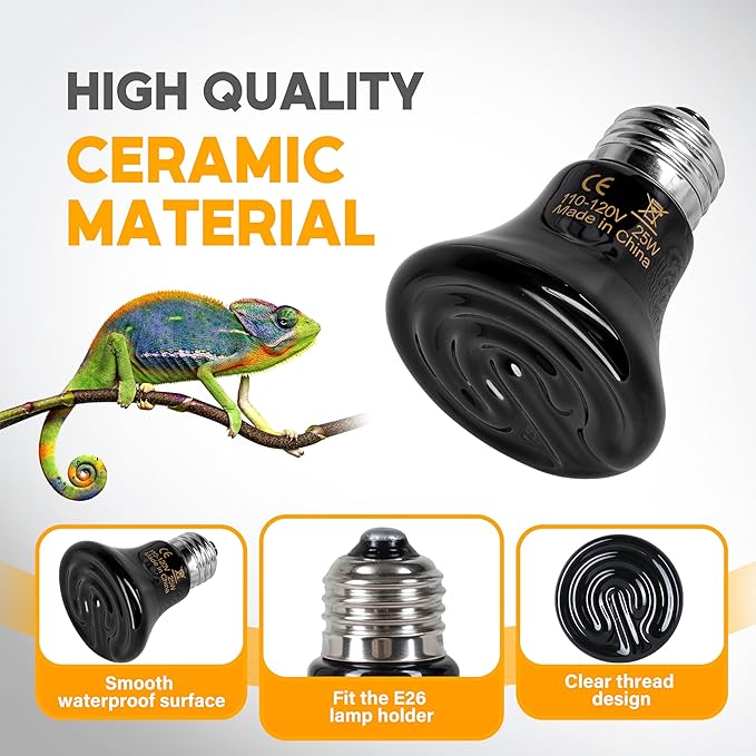 HealSmart 25W Mini Reptile Heat Lamp Ceramic Heat Emitter, No Light Emitting Heat Bulbs, Suitable for Snake/Lizard/Spider, Plant Growth and Incubating Chicken, 2-Pack