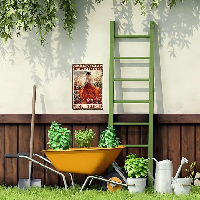 Garden Sign “And Into The Garden I Go” - Vintage Metal Tin Sign for Patio Yard Porch Outdoor Decor & Gardening Gift 8x12 Inch