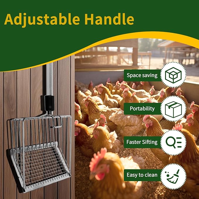5 Inch Small Chicken Poop Scooper, Chicken Coop Litter Scoop with Adjustable Stainless Steel Handle, Multifunctional Chicken Manure Scoop with Hanging Hole for Chicken Coop and Pet Waste Cleaning
